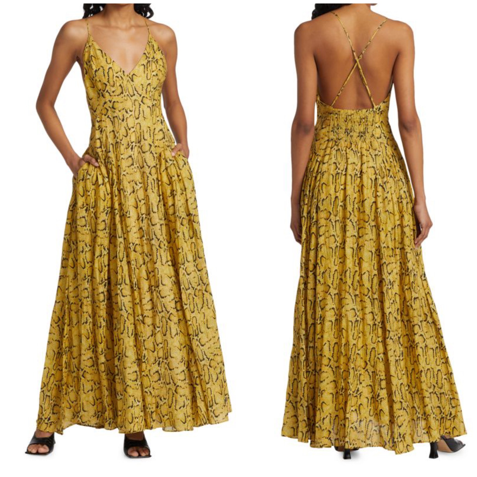 Frame Nwt Malibu Maxi Dress Python Print Smocked Pockets Size Xs Yellow Beachy